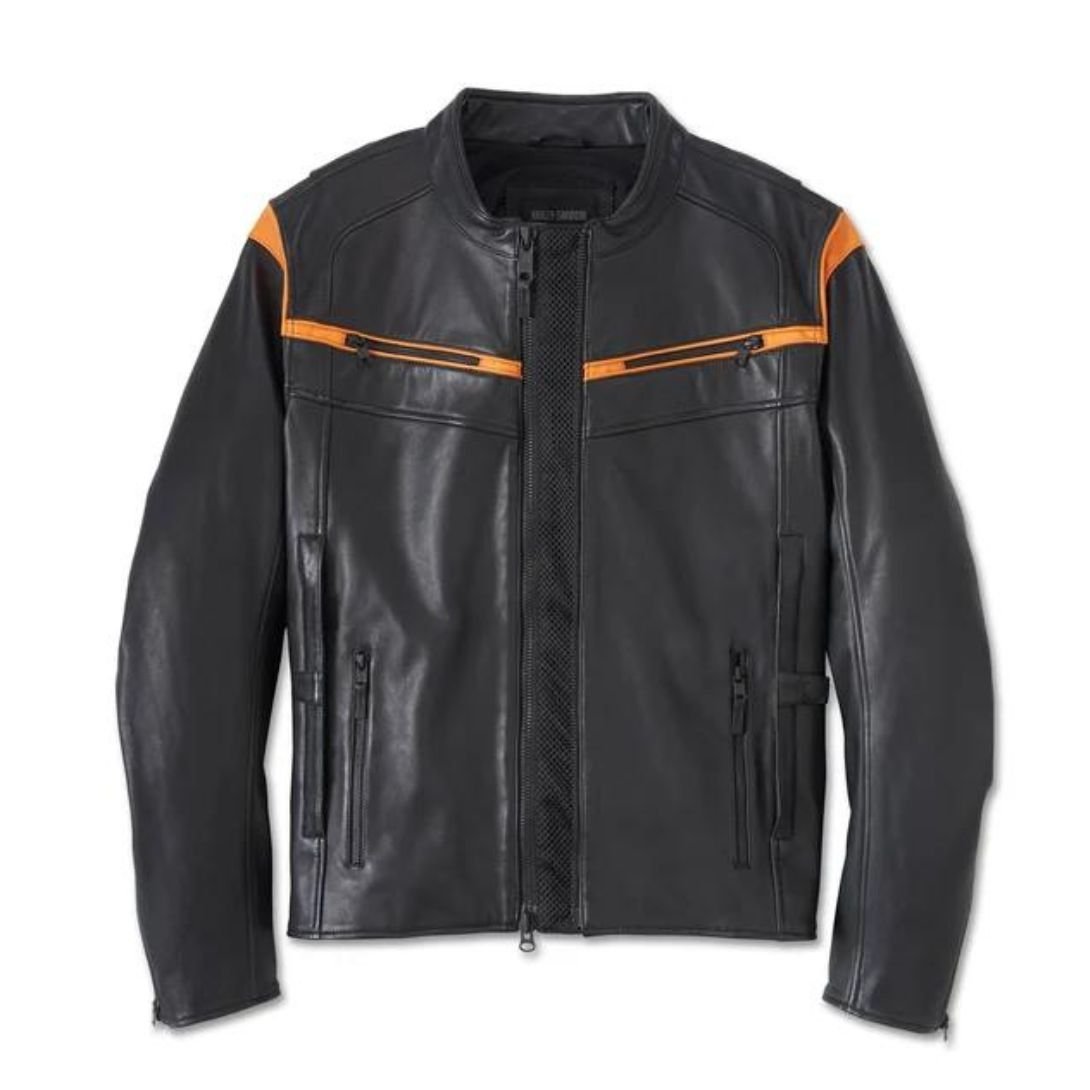 Harley Men’s Capitol Triple Vent System 2.0 Leather Jacket Orange - Image 4