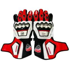 Ducati Motorbike Racing Leather Gloves White, Black & Red