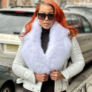Women Leather White Ribbles With White Fox Collar