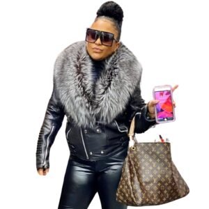 Black Leather Biker Jacket with Silver Fox Fur Ribbles