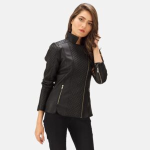 Orient Grain Quilted Black Leather Biker Jacket